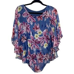 Silk Blend Blouse Made in Italy Size Small Blue Floral Tunic Flowy Artsy Sheer